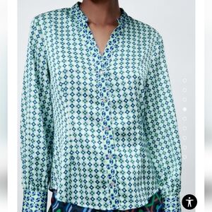 Zara Round Collar Blouse V-Neck Front Metal Buttons Long Sleeve Shirt Size XL